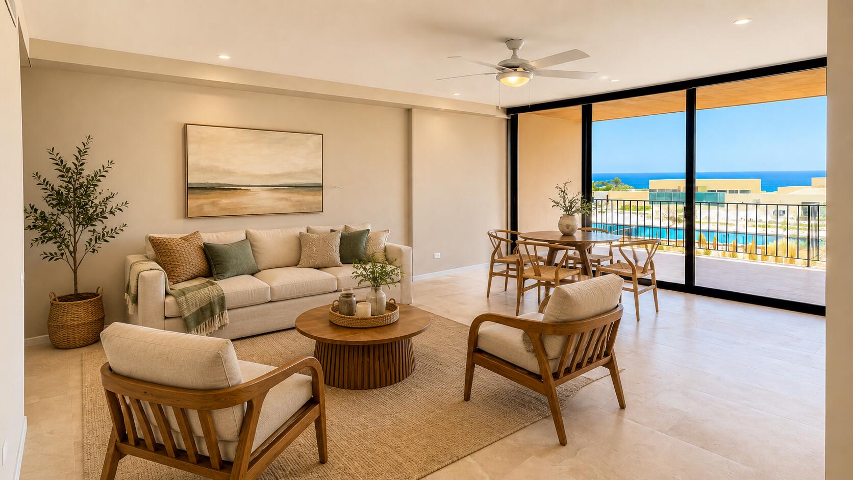 Esperanza Lumaria Lumaria C-106 is a upscale turnkey two-bedroom, two-bathroom ground-floor residence in El Tezal with ocean, Arch, pool and garden for sale