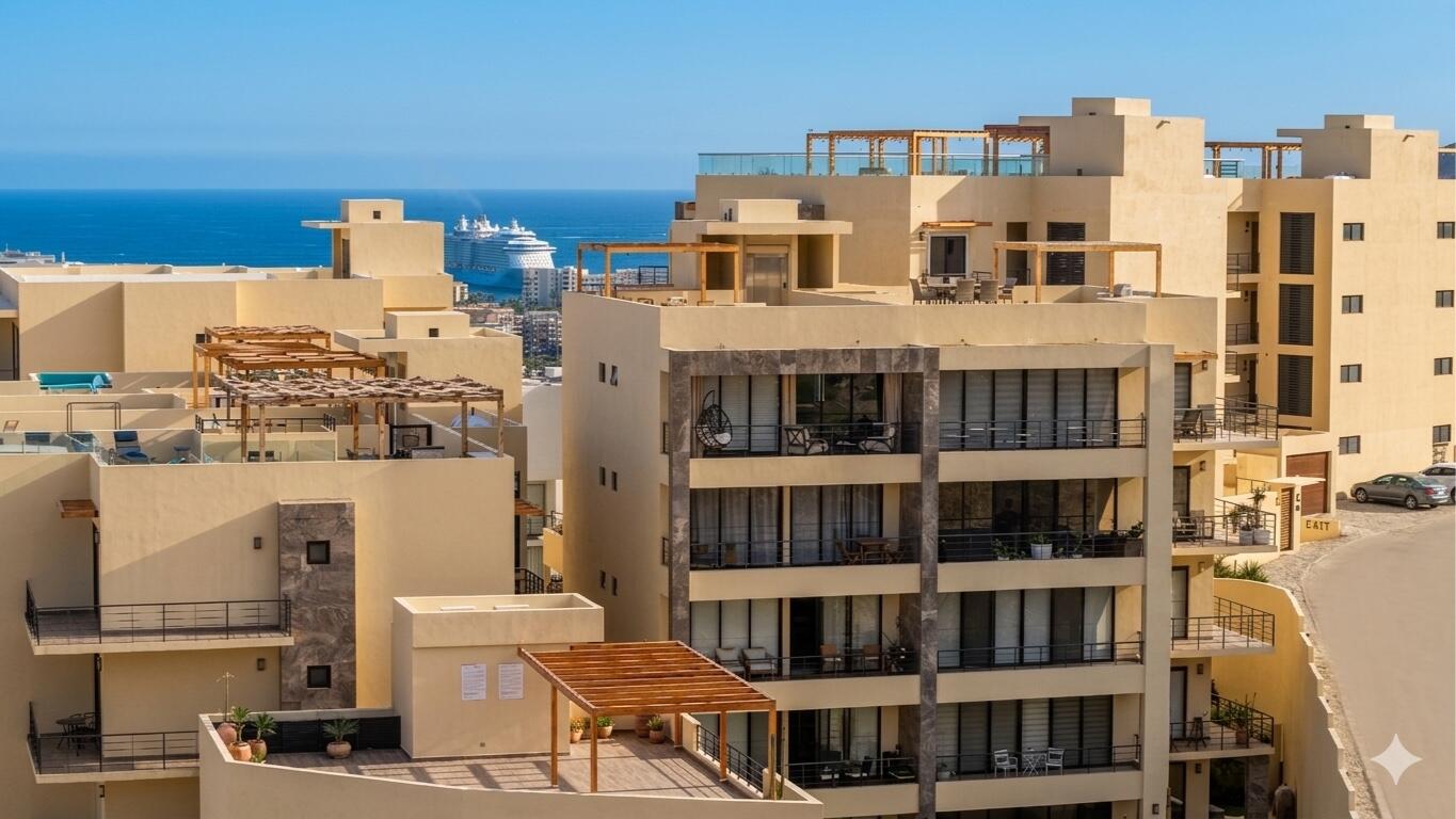 Esperanza Vista Mare Condo for sale at Vista Mare, Cabo San Lucas, located on the third level with ocean and mountain for sale