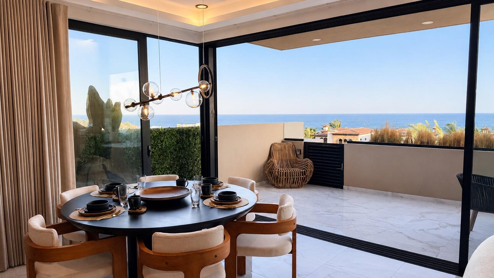 Esperanza Pacific Bay Beautifully redesigned and professionally furnished, this exceptional 3-bedroom, 2.5-bath residence at Pacific Bay blends modern luxury with effortless coastal living. Located in an intimate low-density complex, the condo features high ceilings, expansive windows, and an open-concept layout filled with natural light and beautiful ocean for sale